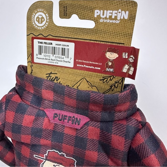 Puffin Can Cooler Peanuts Charlie Brown The Feller Brick Red Flannel Koozie NWT - Picture 4 of 4